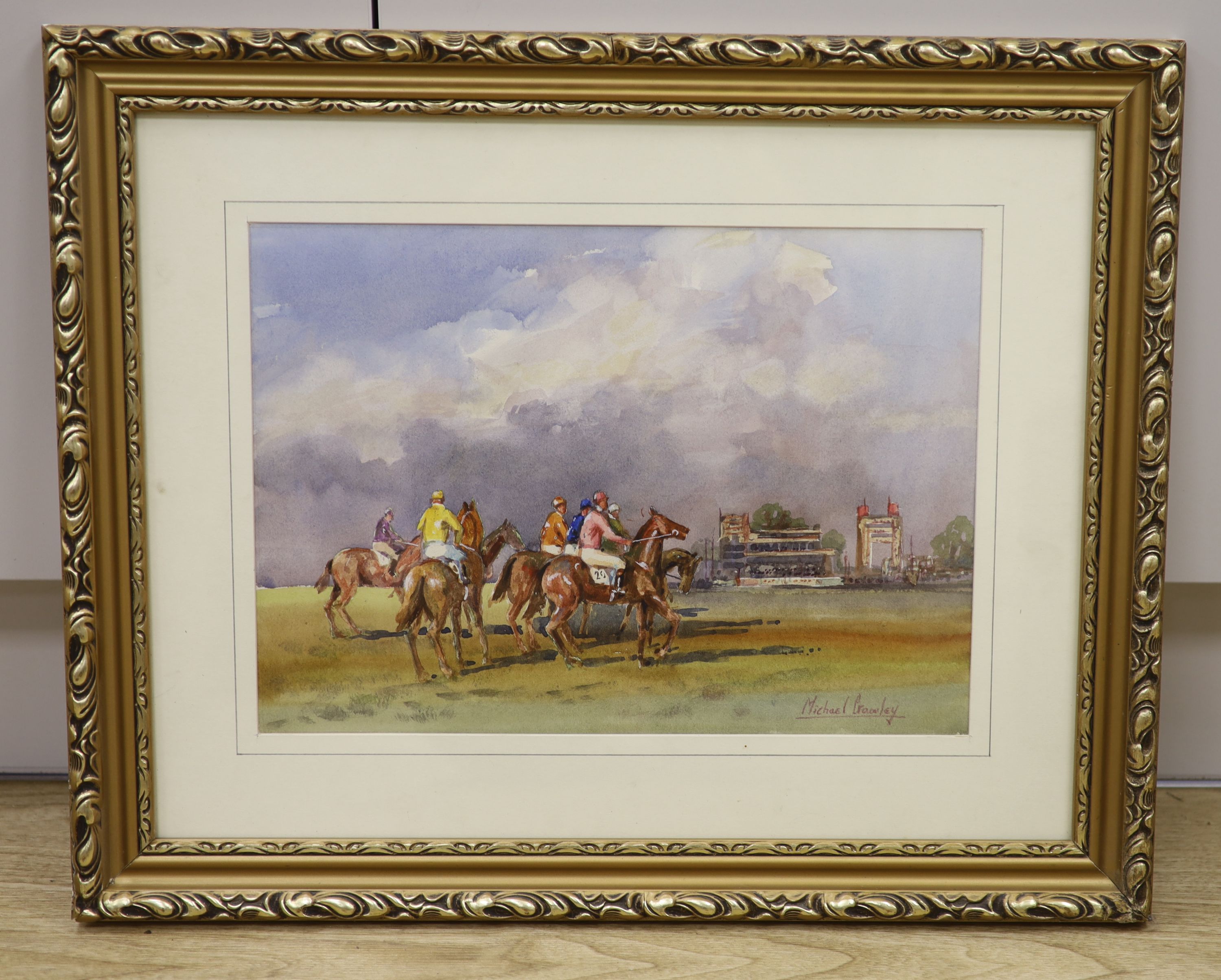 Michael Crawley, watercolour, The Line Up at Newmarket, signed, 27 x 38cm.
